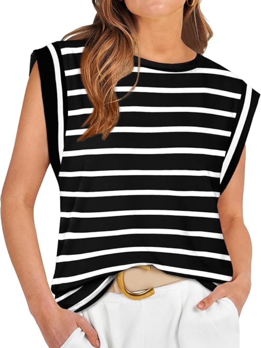 Wiholl women's Cap Sleeve Tank Top black with white stripes size large